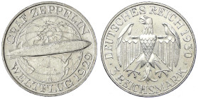 Weimarer Republik - Gedenkmünzen - 3 Reichsmark Zeppelin
1930 G. vorzüglich, etwas berieben Jaeger 342.