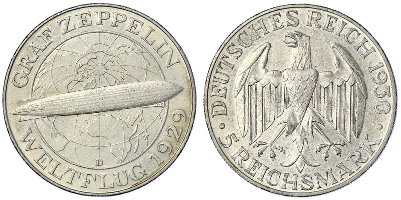 Weimarer Republik - Gedenkmünzen - 5 Reichsmark Zeppelin
1930 D. gutes vorzügli...