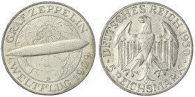 Weimarer Republik - Gedenkmünzen - 5 Reichsmark Zeppelin
1930 D. gutes vorzüglich Jaeger 343.