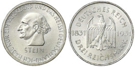 Weimarer Republik - Gedenkmünzen - 3 Reichsmark Stein Reichsfreiherr
1931 A. fast Stempelglanz, Prachtexemplar Jaeger 348.