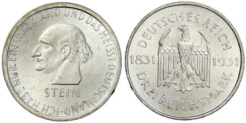 Weimarer Republik - Gedenkmünzen - 3 Reichsmark Stein Reichsfreiherr
1931 A. pr...