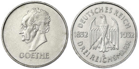 Weimarer Republik - Gedenkmünzen - 3 Reichsmark Goethe
1932 D. vorzüglich, etwas berieben Jaeger 350.