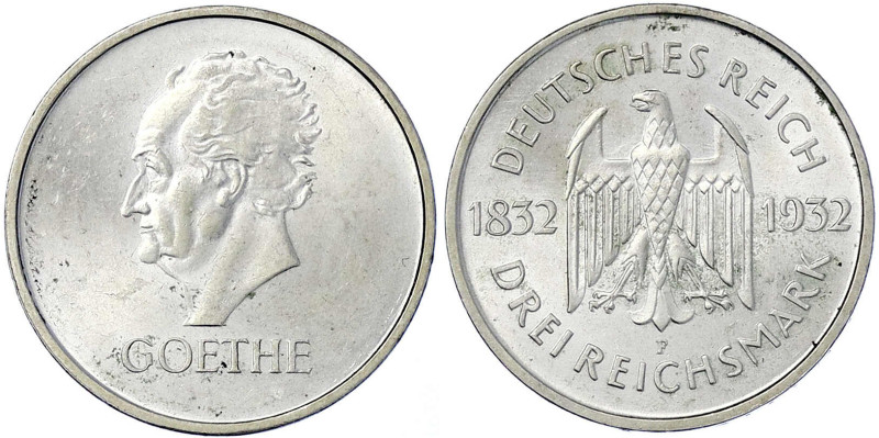 Weimarer Republik - Gedenkmünzen - 3 Reichsmark Goethe
1932 F. vorzüglich/Stemp...