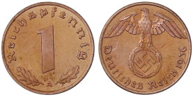 Drittes Reich - Klein/- und Kursmünzen - 1 Reichspfennig Hakenkreuz, Kupfer 1936-1940
1936 A. Erstabschlag, Prachtexemplar, sehr selten in dieser Erh...
