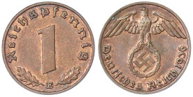 Drittes Reich - Klein/- und Kursmünzen - 1 Reichspfennig Hakenkreuz, Kupfer 1936-1940
1936 E. vorzüglich/Stempelglanz, selten Jaeger 361.