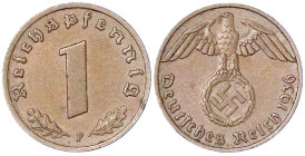 Drittes Reich - Klein/- und Kursmünzen - 1 Reichspfennig Hakenkreuz, Kupfer 1936-1940
1936 F. vorzüglich, schöne Tönung Jaeger 361.