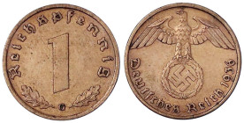 Drittes Reich - Klein/- und Kursmünzen - 1 Reichspfennig Hakenkreuz, Kupfer 1936-1940
1936 G. vorzüglich, selten Jaeger 361.