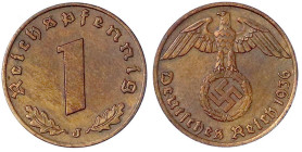 Drittes Reich - Klein/- und Kursmünzen - 1 Reichspfennig Hakenkreuz, Kupfer 1936-1940
1936 J. vorzüglich, selten Jaeger 361.