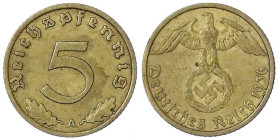 Drittes Reich - Klein/- und Kursmünzen - 5 Reichspfennig, messingf. 1936-1939
1936 A. sehr schön Jaeger 363.