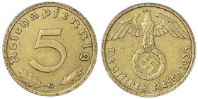 Drittes Reich - Klein/- und Kursmünzen - 5 Reichspfennig, messingf. 1936-1939
1936 G. gutes sehr schön Jaeger 363.