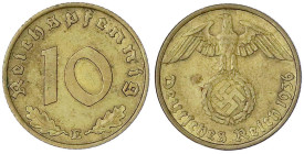 Drittes Reich - Klein/- und Kursmünzen - 10 Reichspfennig Hakenkr., messingf. 1936-1939
1936 E. gutes vorzüglich, selten Jaeger 364.