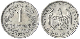 Drittes Reich - Klein/- und Kursmünzen - 1 Reichsmark, Nickel 1933-1939
1939 F. vorzüglich/Stempelglanz Jaeger 354.