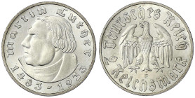 Drittes Reich - Gedenkmünzen - 2 Reichsmark Luther
1933 E. fast Stempelglanz, kl. Kratzer Jaeger 352.