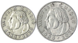 Drittes Reich - Gedenkmünzen - 5 Reichsmark Luther
2 Stück: 2 und 5 Reichsmark 1933 A. sehr schön und sehr schön/vorzüglich Jaeger 352, 353.