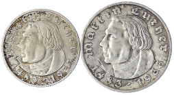 Drittes Reich - Gedenkmünzen - 5 Reichsmark Luther
2 Stück: 2 und 5 Reichsmark 1933 E. vorzüglich und sehr schön/vorzüglich Jaeger 352, 353.