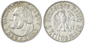 Drittes Reich - Gedenkmünzen - 5 Reichsmark Luther
1933 E. vorzüglich, feine Tönung Jaeger 353.