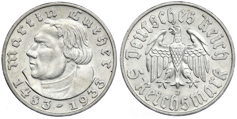 Drittes Reich - Gedenkmünzen - 5 Reichsmark Luther
1933 J. vorzüglich, kl. Krat...