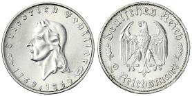 Drittes Reich - Gedenkmünzen - 2 Reichsmark Schiller
1934 F. fast Stempelglanz, Prachtexemplar, interessanter Schrötlingsfehler am Rand Jaeger 358.