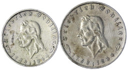 Drittes Reich - Gedenkmünzen - 5 Reichsmark Schiller
2 Stück: 2 und 5 Reichsmark 1934 F. beide sehr schön, kl. Randfehler Jaeger 358, 359.