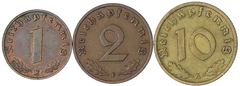 Drittes Reich - Lots - 
3 bessere Kleinmünzen: 10 Pfg. 1936 A, 2 Pfg. 1936 F un...