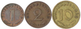 Drittes Reich - Lots - 
3 bessere Kleinmünzen: 10 Pfg. 1936 A, 2 Pfg. 1936 F und 1 Pfg. 1936 E (gutes vz). sehr schön bis vorzüglich, teils selten Ja...