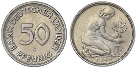 Münzen der Bundesrepublik Deutschland - Kursmünzen - 50 Pfennig, Kupfer/Nickel 1949-2001
1950 G, Bank Deutscher Länder. vorzüglich/Stempelglanz Jaege...