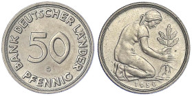 Münzen der Bundesrepublik Deutschland - Kursmünzen - 50 Pfennig, Kupfer/Nickel 1949-2001
1950 G, Bank Deutscher Länder. vorzüglich/Stempelglanz Jaege...