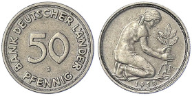 Münzen der Bundesrepublik Deutschland - Kursmünzen - 50 Pfennig, Kupfer/Nickel 1949-2001
1950 G, Bank Deutscher Länder. sehr schön Jaeger 379.