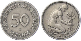 Münzen der Bundesrepublik Deutschland - Kursmünzen - 50 Pfennig, Kupfer/Nickel 1949-2001
1950 G, Bank Deutscher Länder. sehr schön, kl. Randfehler Ja...