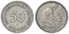 Münzen der Bundesrepublik Deutschland - Kursmünzen - 50 Pfennig, Kupfer/Nickel 1949-2001
1950 G, Bank Deutscher Länder. sehr schön Jaeger 379.