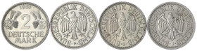 Münzen der Bundesrepublik Deutschland - Kursmünzen - 2 Deutsche Mark Ähren, Kupfer/Nickel 1951
Komplettsatz 1951 D, F, G, J. (G = fast Stgl. Prachtex...