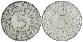 Münzen der Bundesrepublik Deutschland - Kursmünzen - 5 Deutsche Mark Silber 1951-1974
2 Stück: 1958 F und J. beide sehr schön Jaeger 387.