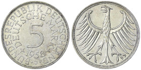 Münzen der Bundesrepublik Deutschland - Kursmünzen - 5 Deutsche Mark Silber 1951-1974
1958 J. vorzüglich, kl. Kratzer Jaeger 387.