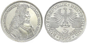 Münzen der Bundesrepublik Deutschland - Gedenkmünzen - 5 Deutsche Mark, Silber, 1952-1979
Markgraf von Baden 1955 G. vorzüglich/Stempelglanz, kl. Kra...