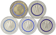 Münzen der Bundesrepublik Deutschland - Euro - Gedenkmünzen, seit 2002
5 X 5 Euro Planet Erde 2016 A, D, F, G, J. Kpl. Satz, je einzeln in Kapseln (o...