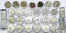 LOTS - Sammlungen allgemein - 
25 Silber-Unzen von Kanada, Armenien, Australien, USA, Nordkorea. Dazu 4 Silberbarren (2 X 50 g, 2 X 20 g). meist präg...