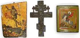 Varia - Bilder - Ikonen
3 Stück, Russland: kl. beschädigte Holzikone Christus und Engel mit liegendem Soldaten (15 X 11,5 cm), moderne Holzikone (11 ...