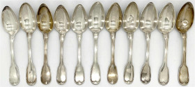 Varia - Silber - Frankreich
11 Suppenlöffel, Paris 1798/1809. Hersteller J.T. mit Merkurstab. Zusammen 839 g