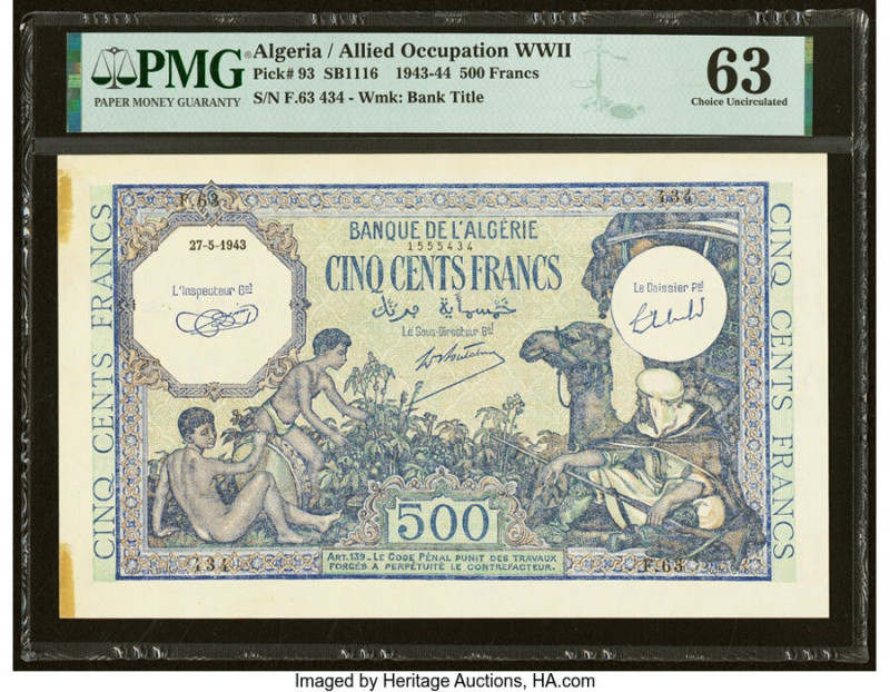 Algeria Banque de l'Algerie 500 Francs 27.5.1943 Pick 93 PMG Choice Uncirculated...
