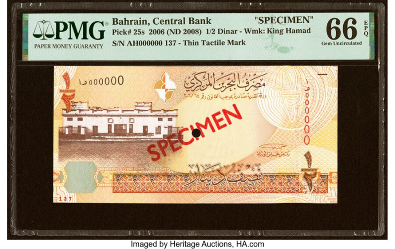 Bahrain Central Bank of Bahrain 1/2 Dinar 2006 (ND 2008) Pick 25s Specimen PMG G...