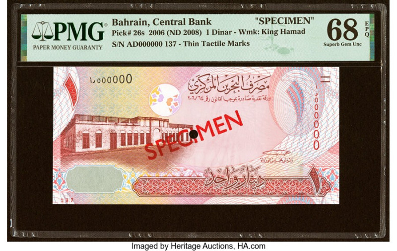 Bahrain Central Bank of Bahrain 1 Dinar 2006 (ND 2008) Pick 26s Specimen PMG Sup...