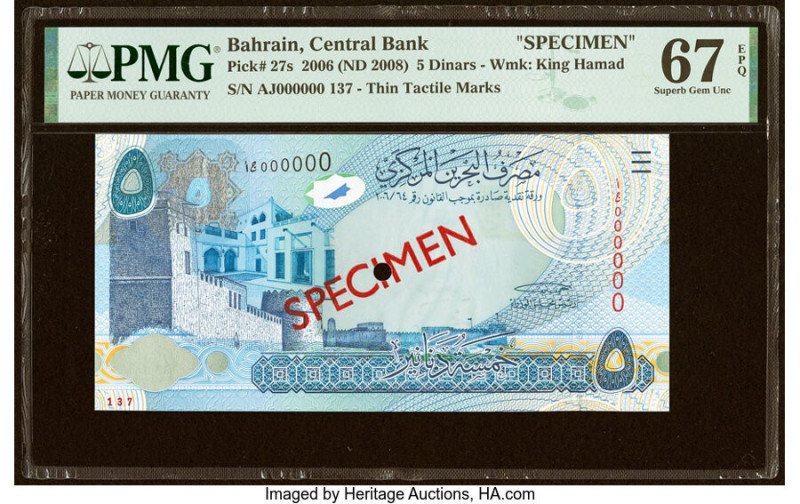 Bahrain Central Bank of Bahrain 5 Dinars 2006 (ND 2008) Pick 27s Specimen PMG Su...