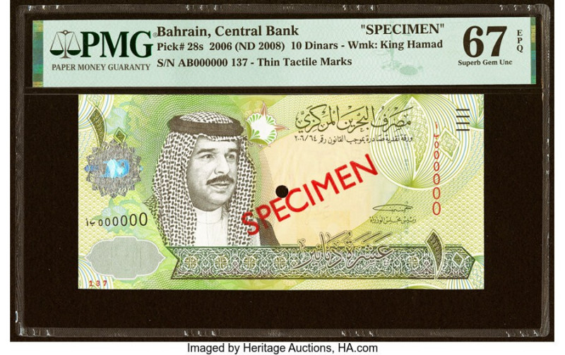 Bahrain Central Bank of Bahrain 10 Dinars 2006 (ND 2008) Pick 28s Specimen PMG S...
