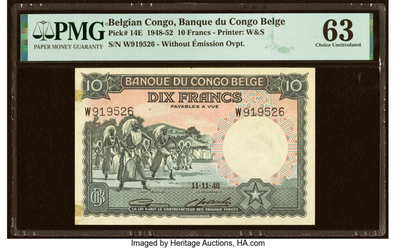 Belgian Congo Banque du Congo Belge 10 Francs 11.11.1948 Pick 14E PMG Choice Unc...