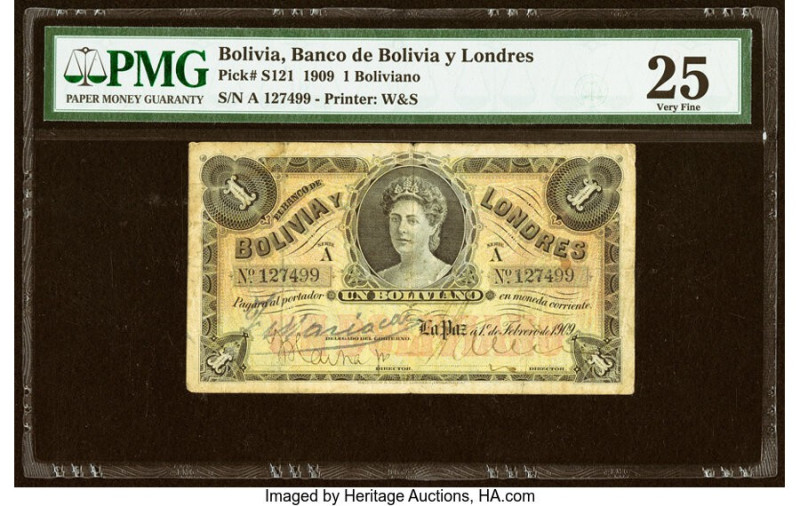 Bolivia Banco de Bolivia y Londres 1 Boliviano 1.2.1909 Pick S121 PMG Very Fine ...