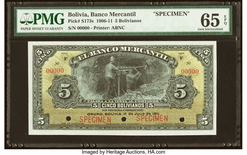 Bolivia Banco Mercantil 5 Bolivianos 1.7.1911 Pick S173s Specimen PMG Gem Uncirc...