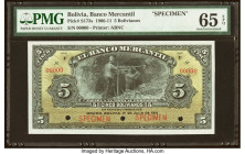 Bolivia Banco Mercantil 5 Bolivianos 1.7.1911 Pick S173s Specimen PMG Gem Uncirculated 65 EPQ. Three POCs are noted. HID09801242017 © 2022 Heritage Au...