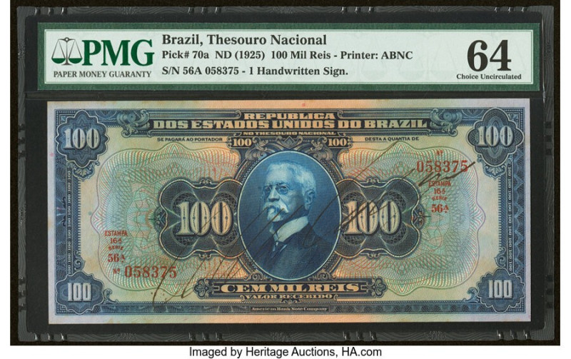 Brazil Thesouro Nacional 100 Mil Reis ND (1925) Pick 70a PMG Choice Uncirculated...