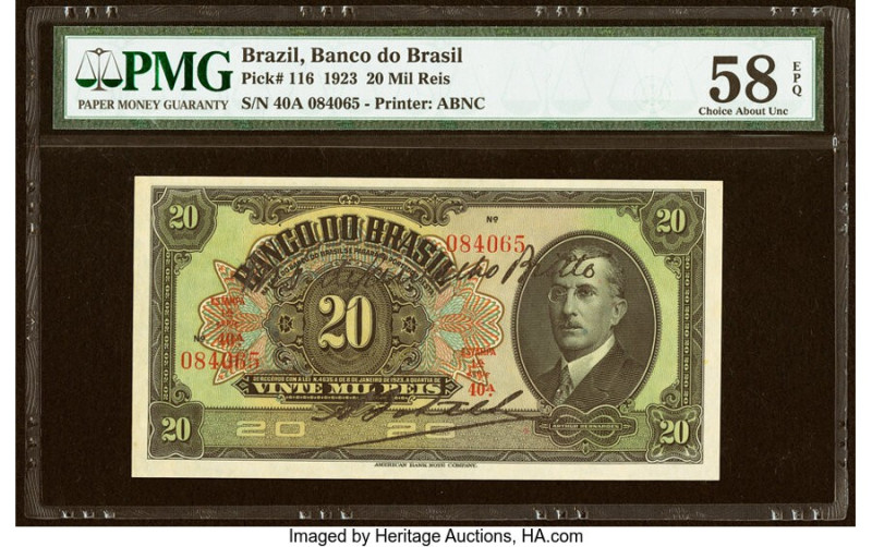 Brazil Banco do Brasil 20 Mil Reis 1923 Pick 116 PMG Choice About Unc 58 EPQ. HI...