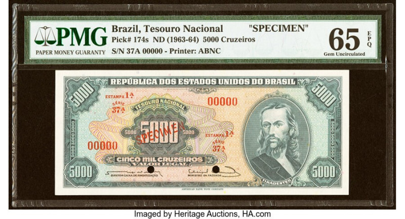 Brazil Tesouro Nacional 5000 Cruzeiros ND (1963-64) Pick 174s Specimen PMG Gem U...